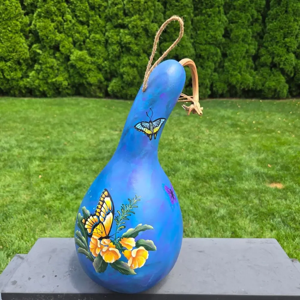 Handpainted Butterfly Hanging Gourd Birdhouse Blue Yellow Green Purple 16